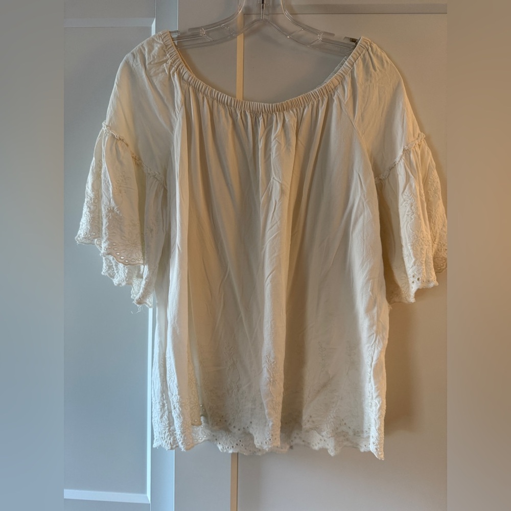 Cream Eyelet Off the Shoulder Peasant Top Sz S Milkmaid Boho Festival Airy